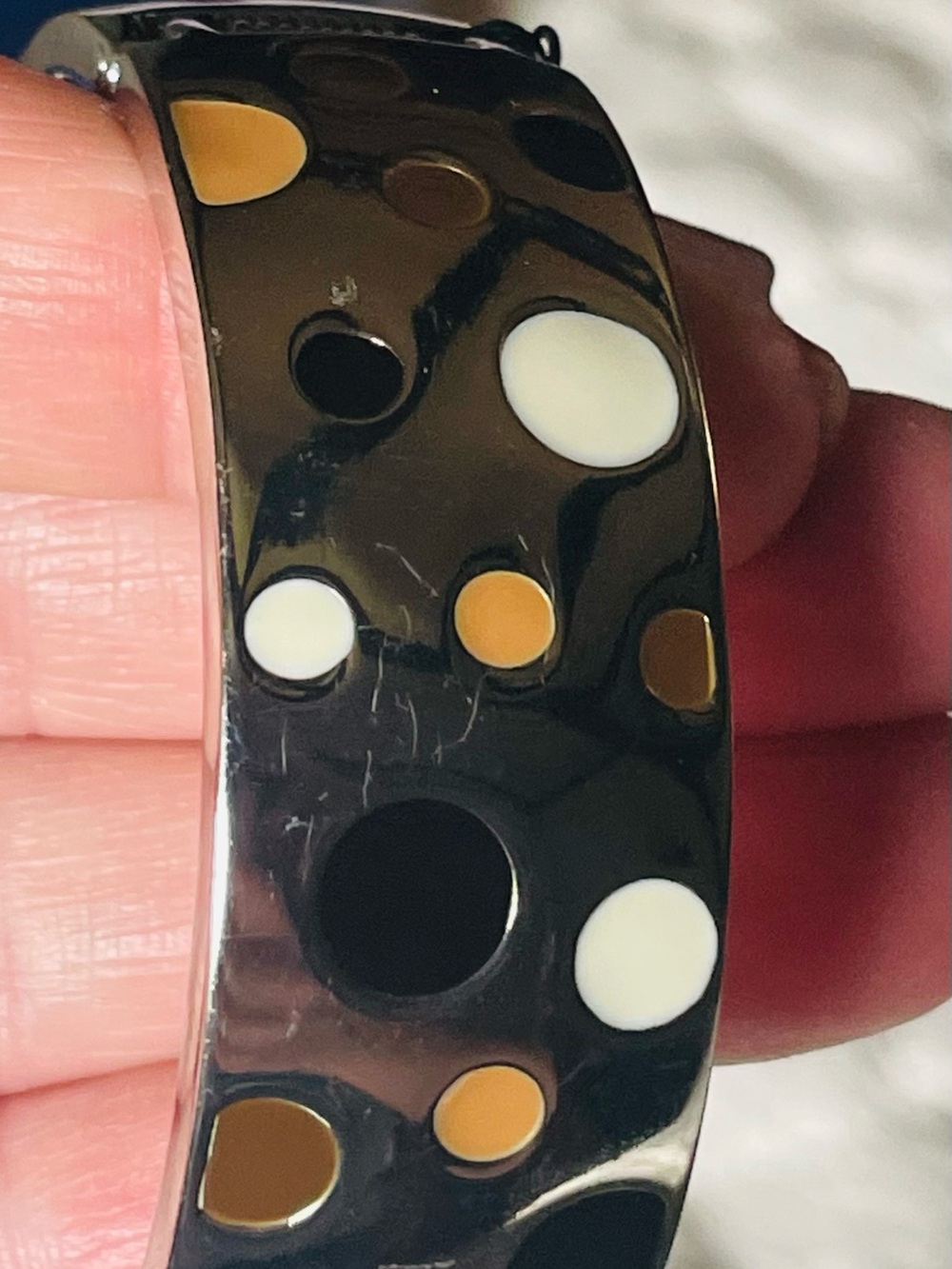Black Polka Dot Resin Bangle Bracelet with White and Gold Dots